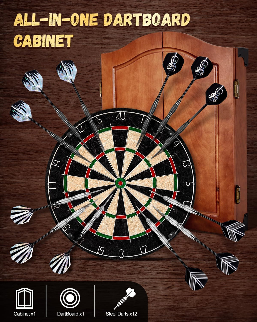 Sisal Dart Board Cabinet Sets, Decorative Dart Boards for Adults [6*Steel Darts] - Wooden Dartboard Cabinet with Integrated Scoreboard for Family Game Rooms