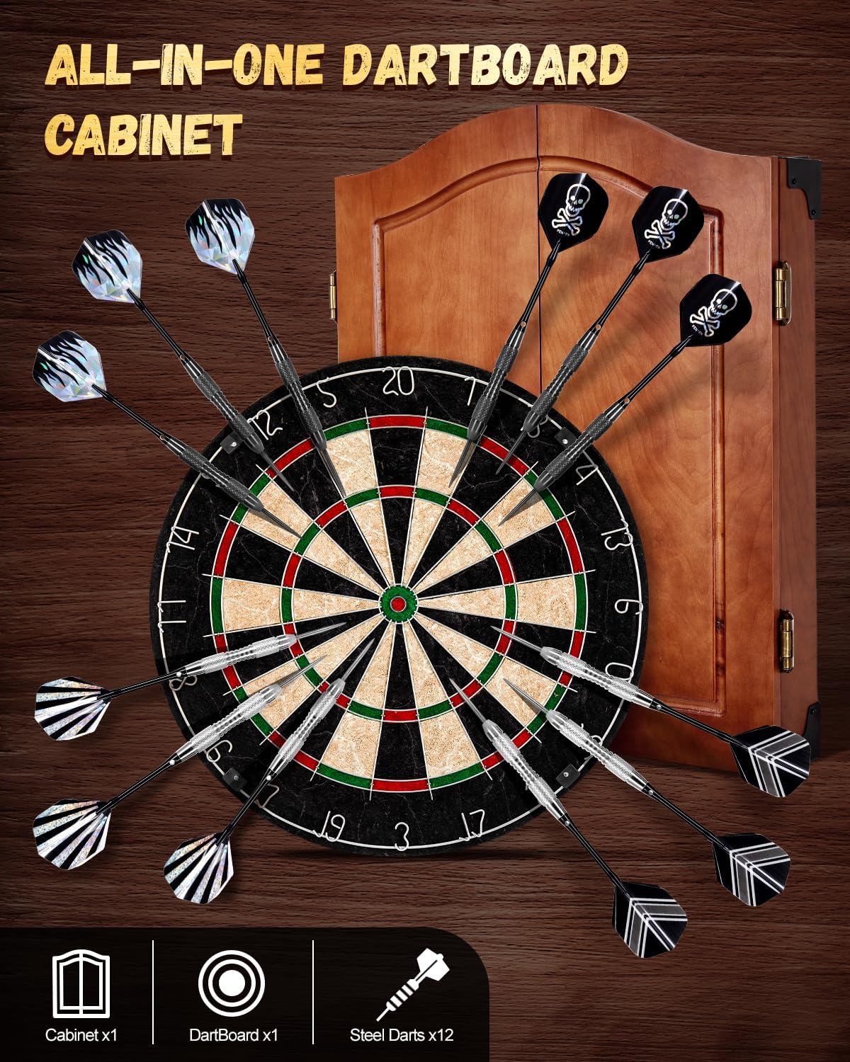 Sisal Dart Board Cabinet Sets, Decorative Dart Boards for Adults [6*Steel Darts] - Wooden Dartboard Cabinet with Integrated Scoreboard for Family Game Rooms