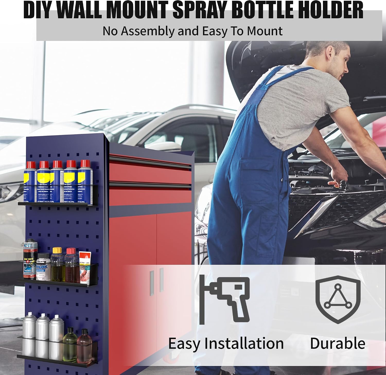 Riciakik 6 Pack Spray Bottle Holder Wall-Mounted, Aerosol Spray Can Holder Storage Rack, Heavy-Duty Paint Bottle Organizer with 30 Holes, Steel Black Spray Rack for Garage, Shop, Home or Tool Trailer