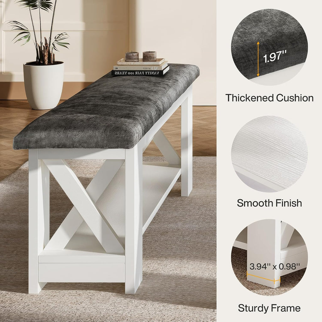 Tribesigns 47" Farmhouse Entryway Bench with Padded Cushion, Farmhouse Wooden Shoe Rack Storage Bench, 2-Tier White Accent Organizer Seat for Hallway, Living Room, Bedroom