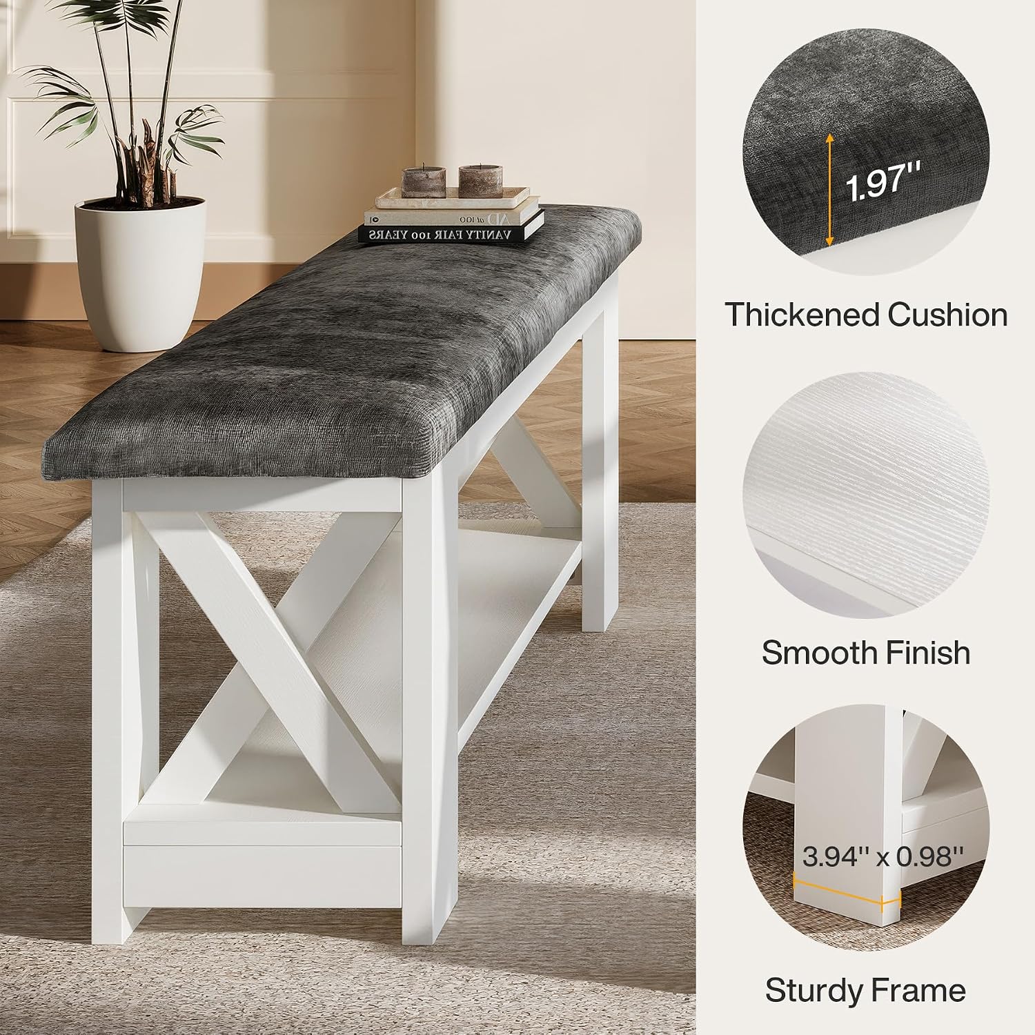 Tribesigns 47" Farmhouse Entryway Bench with Padded Cushion, Farmhouse Wooden Shoe Rack Storage Bench, 2-Tier White Accent Organizer Seat for Hallway, Living Room, Bedroom