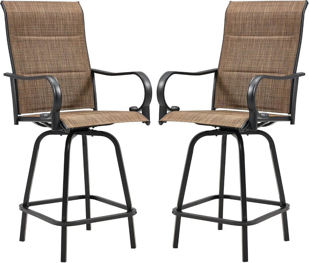 HOMREST Outdoor Swivel Bar Stools Set of 2, High Patio Swivel Bar Chairs with Padded Back & Seat, All-Weather Textilene Tall Patio Chair with Curved Armrest & Metal Footrest for Outside,Dark Brown