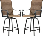 HOMREST Outdoor Swivel Bar Stools Set of 2, High Patio Swivel Bar Chairs with Padded Back & Seat, All-Weather Textilene Tall Patio Chair with Curved Armrest & Metal Footrest for Outside,Dark Brown