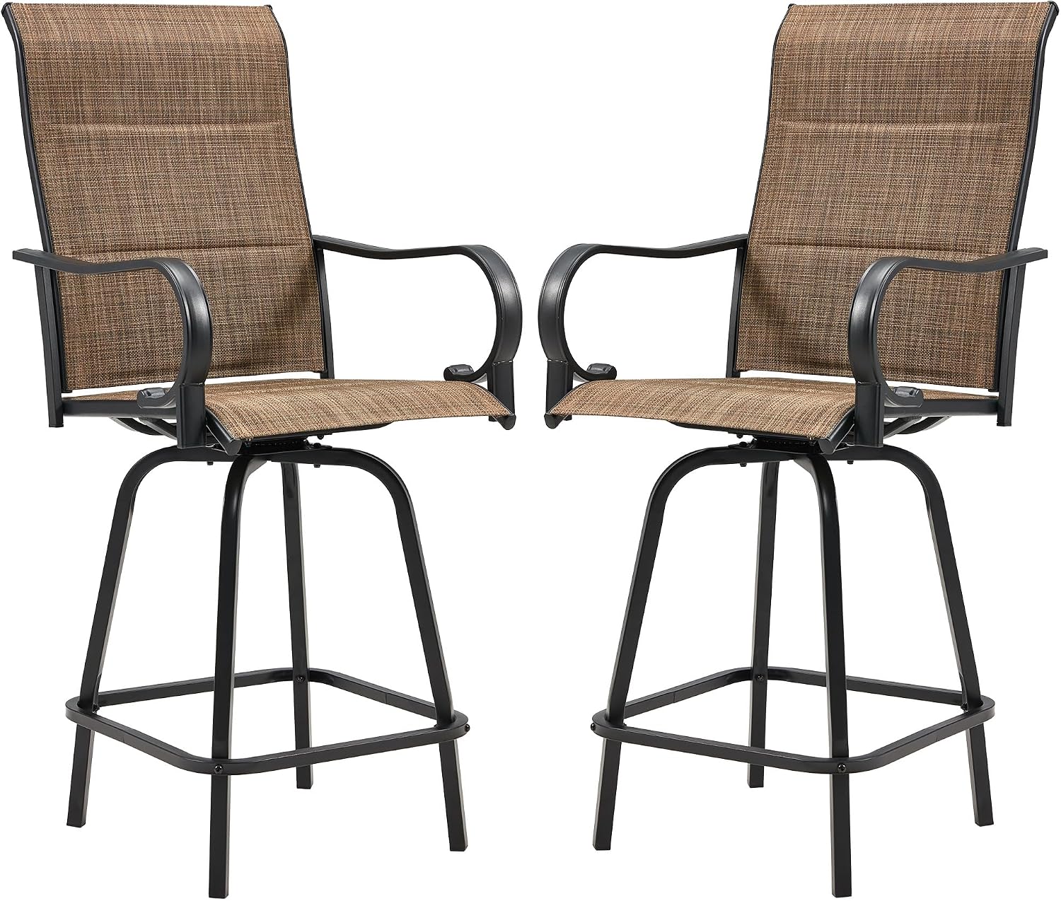 HOMREST Outdoor Swivel Bar Stools Set of 2, High Patio Swivel Bar Chairs with Padded Back & Seat, All-Weather Textilene Tall Patio Chair with Curved Armrest & Metal Footrest for Outside,Dark Brown