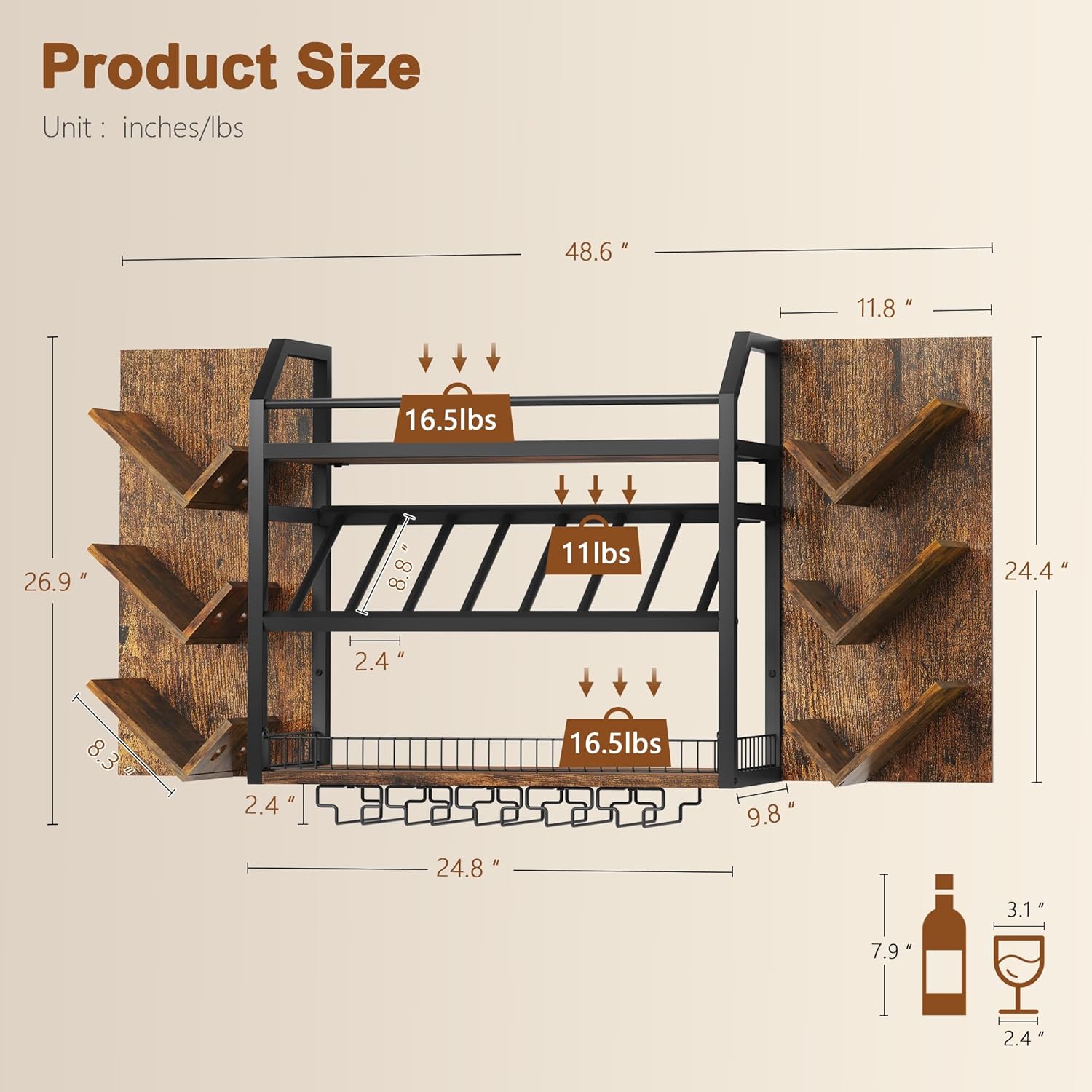 Hoctieon 48.6in Wall Mounted Wine Rack, 3 Tier Hanging Wine Racks with Glass Holder, Large Capacity Bar Shelves, Metal Wood Bottle Display Storage for Kitchen, Home Bar, Dining Room, Rustic Brown