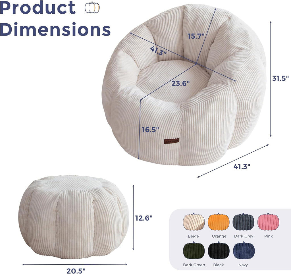 MAXYOYO Bean Bag Chair with Ottoman, Giant Pumpkin Lounge Chair for Adults | Oversized Bean Bag Chair with Footstool, Comfy and Lazy Lounge Boneless Chair for Dorm, Living Room, Bedroom, Beige