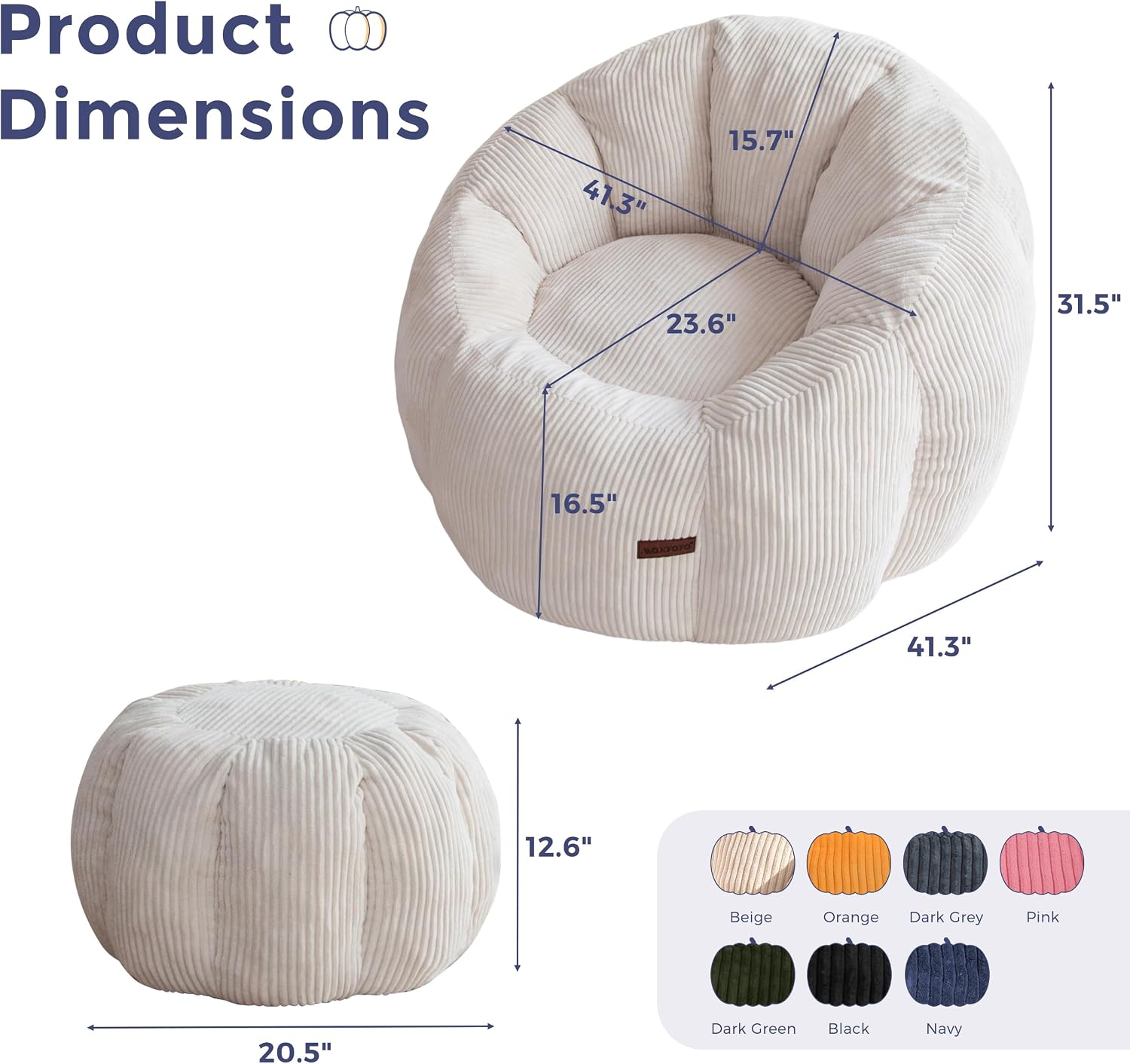 MAXYOYO Bean Bag Chair with Ottoman, Giant Pumpkin Lounge Chair for Adults | Oversized Bean Bag Chair with Footstool, Comfy and Lazy Lounge Boneless Chair for Dorm, Living Room, Bedroom, Beige