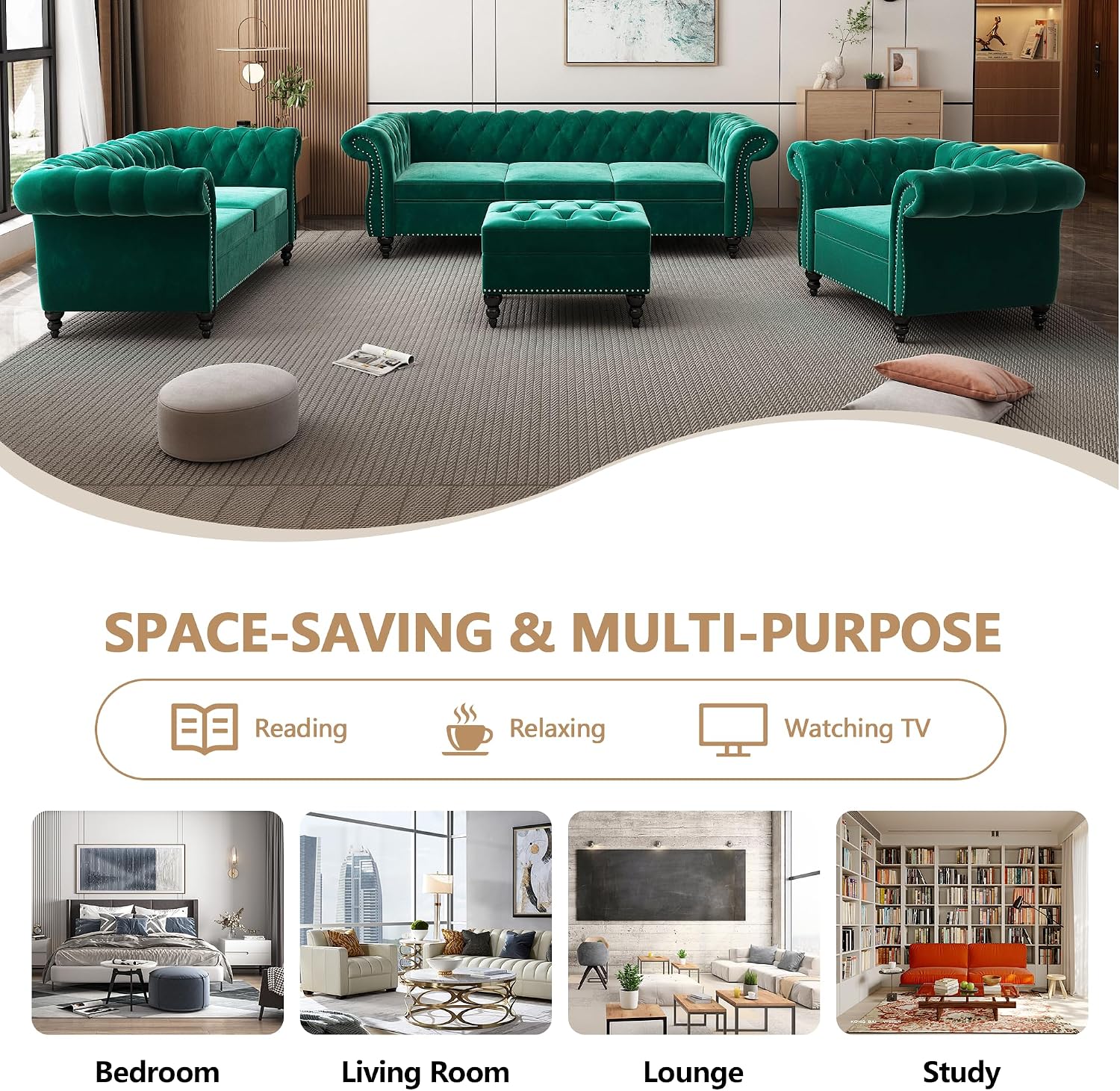Velvet Sofa Couches Set, 3-Piece Mid Century Modern Upholstered Couch with Cushions, Home Sofa Sectional Furniture Sets, Comfy Tufted Chesterfield Couches for Living Room, Bedroom, Office