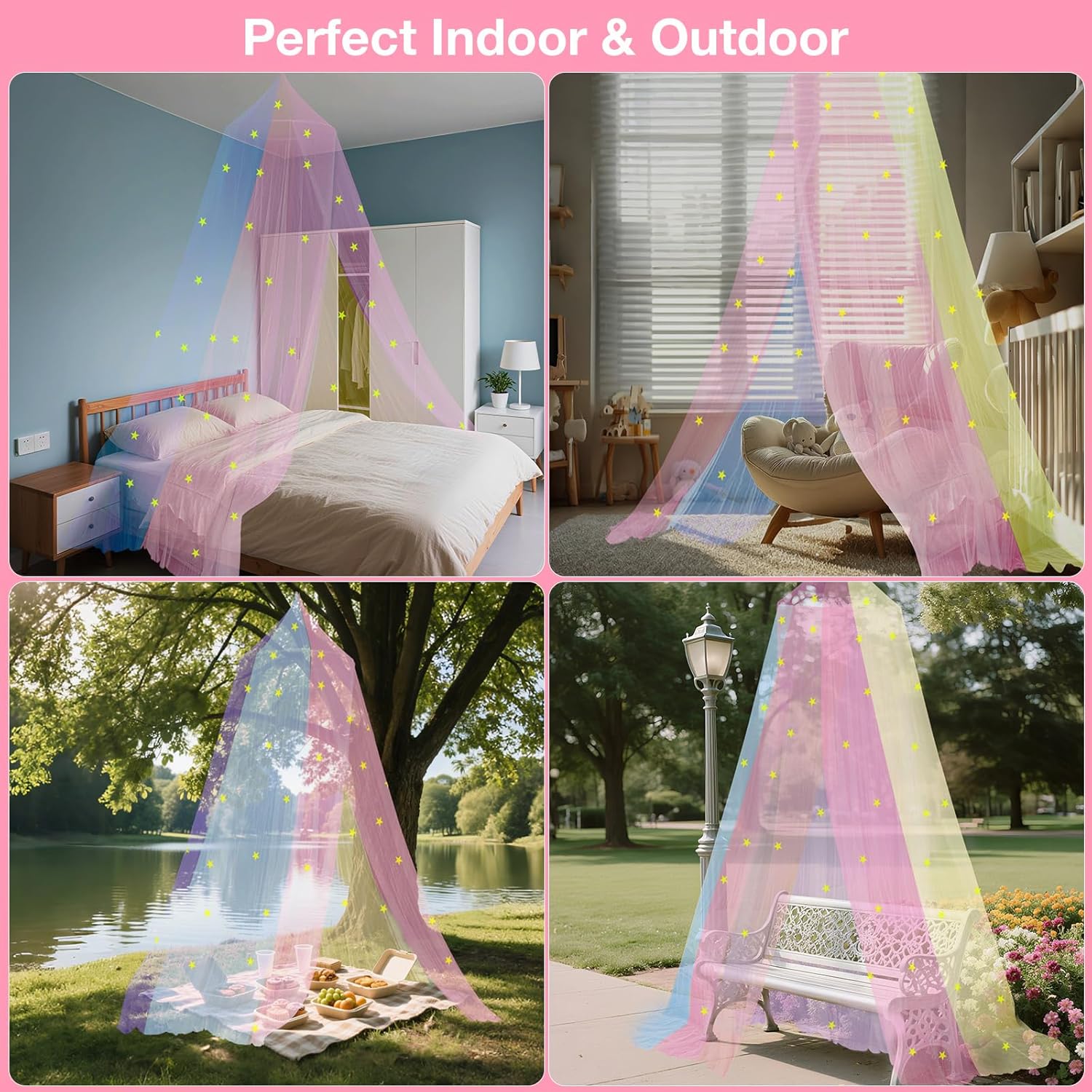Princess Rainbow Bed Canopy for Girls with Glow-in-the-Dark Stars, Colorful Canopy Net Fits Most Single, Twin, Full and Queen Size Bed, Bedroom Accessories
