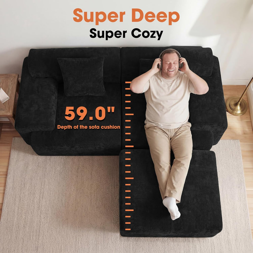 83.5" Boneless Loveseat with Ottoman, 30" Deep Seat Modular Sofa, Cloud Comfy Couches for Living Room, Apartment, Bedroom, No Assembly Required (Dark Gray)
