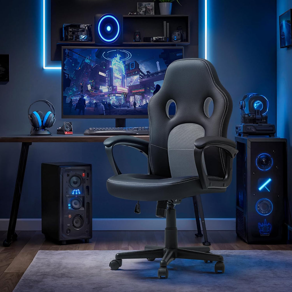 Office Gaming Chair High Back Leather Computer Chairs Ergonomic Height Adjustable Racing Game Desk Chair Executive Conference Task Chair (Grey)