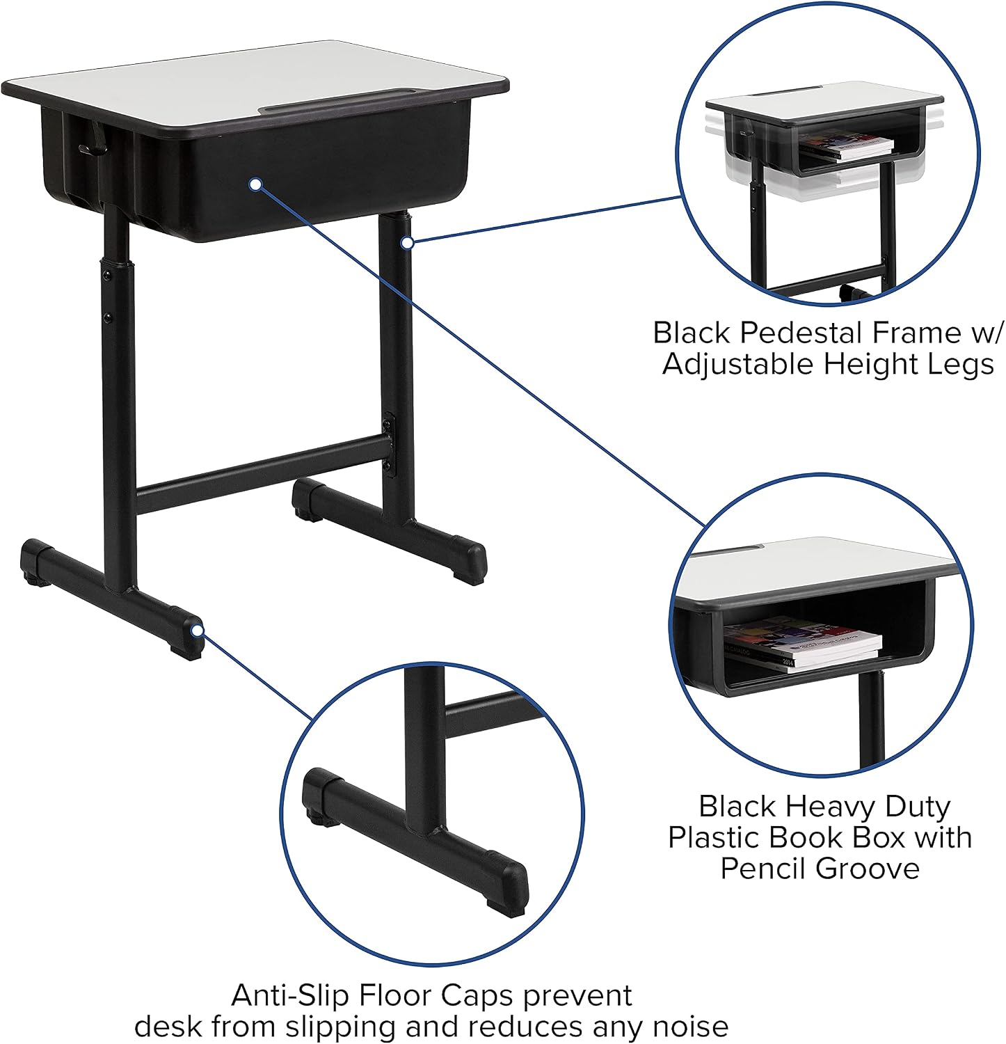 Flash Furniture Billie Open Front Student Desk for Classrooms or Remote Learning, Height Adjust School Desk with Book Box and Bag Hooks, Black/Gray