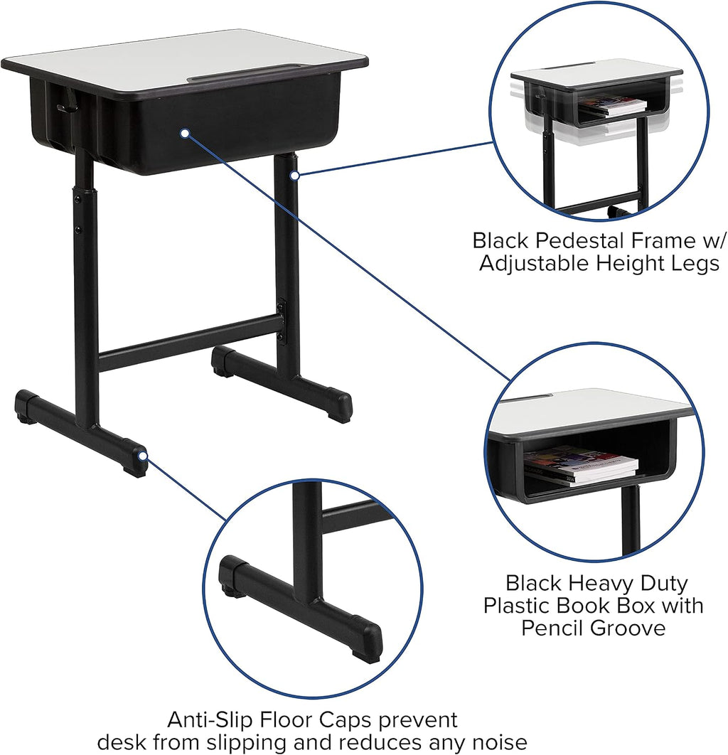 Flash Furniture Billie Open Front Student Desk for Classrooms or Remote Learning, Height Adjust School Desk with Book Box and Bag Hooks, Black/Gray