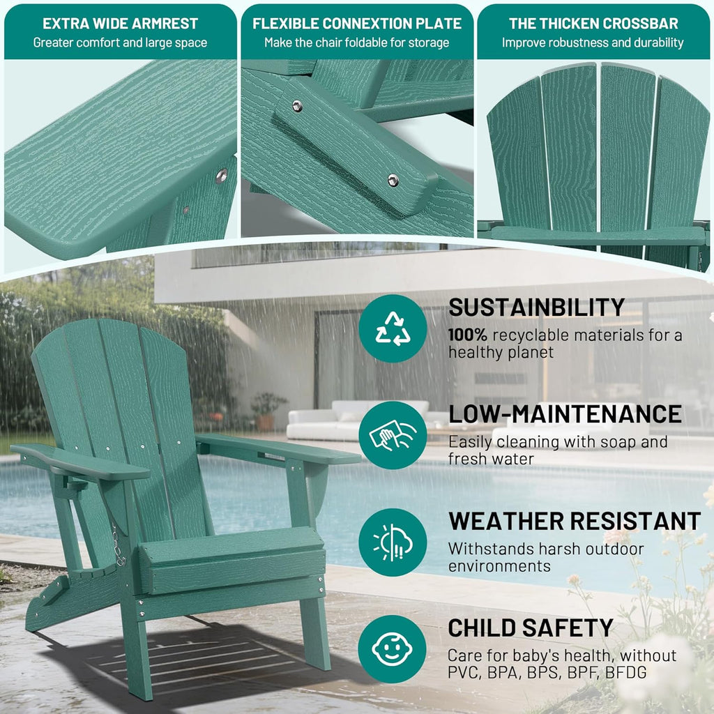 PLUUV Folding Adirondack Chair Set of 2, Hdpe All-Weather Patio Chairs with Cup Holder, Wooden Textured Fire Pit Chairs, Outdoor Chair for Poolside, Backyard, Deck（Aruba）