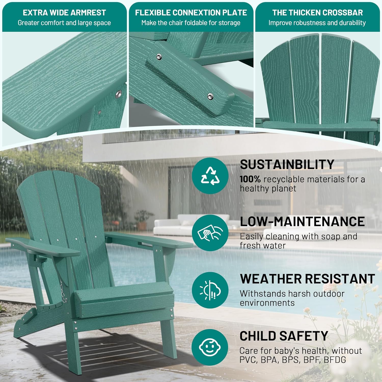 PLUUV Folding Adirondack Chair Set of 2, Hdpe All-Weather Patio Chairs with Cup Holder, Wooden Textured Fire Pit Chairs, Outdoor Chair for Poolside, Backyard, Deck（Aruba）