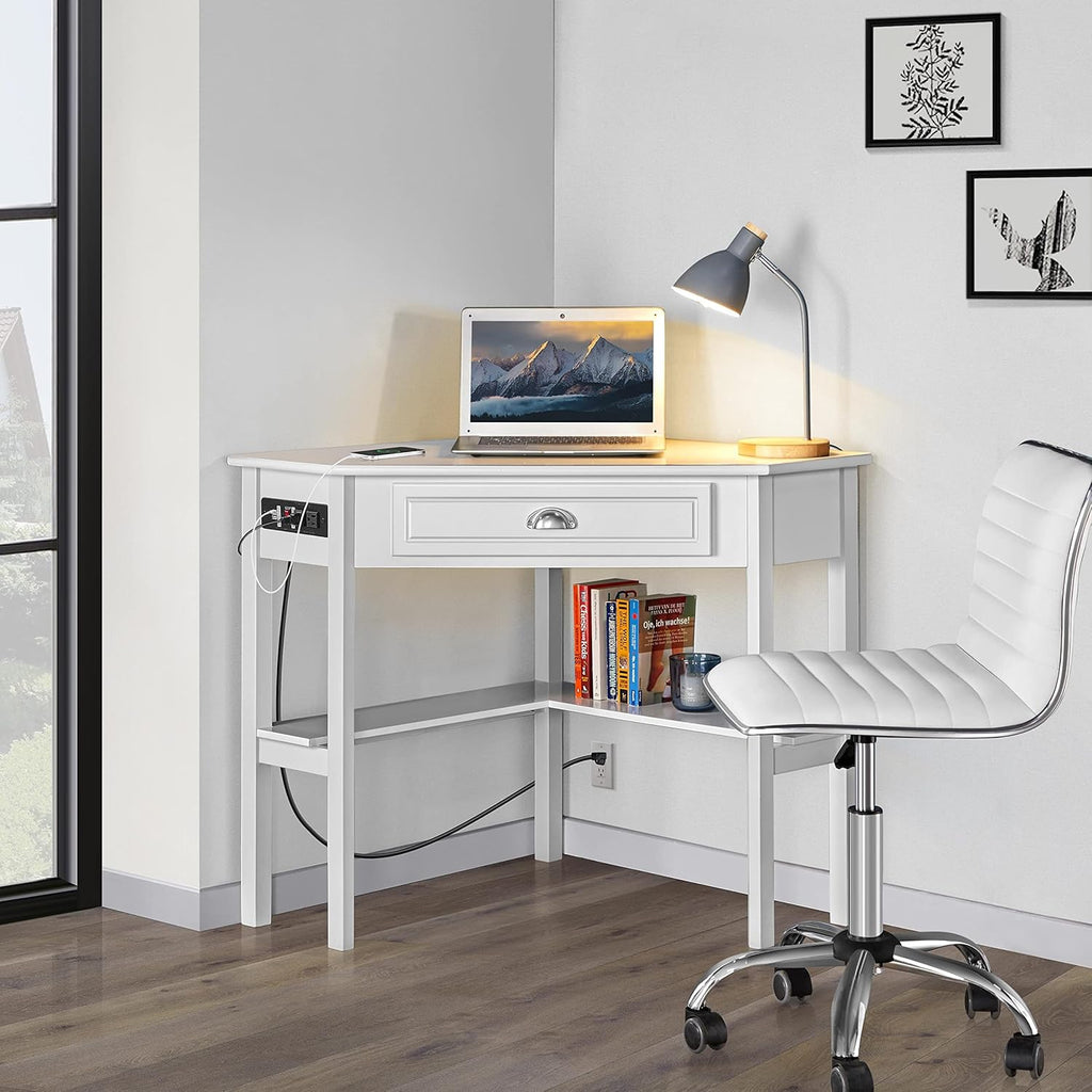 Yaheetech Home Office Furniture Set, L Shaped Computer Corner Desk with Outlets and USB Ports for Small Space, PU Leather Adjustable Chair Low Back Ribbed Armless Swivel White Desk Chair Set