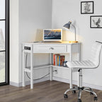 Yaheetech Home Office Furniture Set, L Shaped Computer Corner Desk with Outlets and USB Ports for Small Space, PU Leather Adjustable Chair Low Back Ribbed Armless Swivel White Desk Chair Set