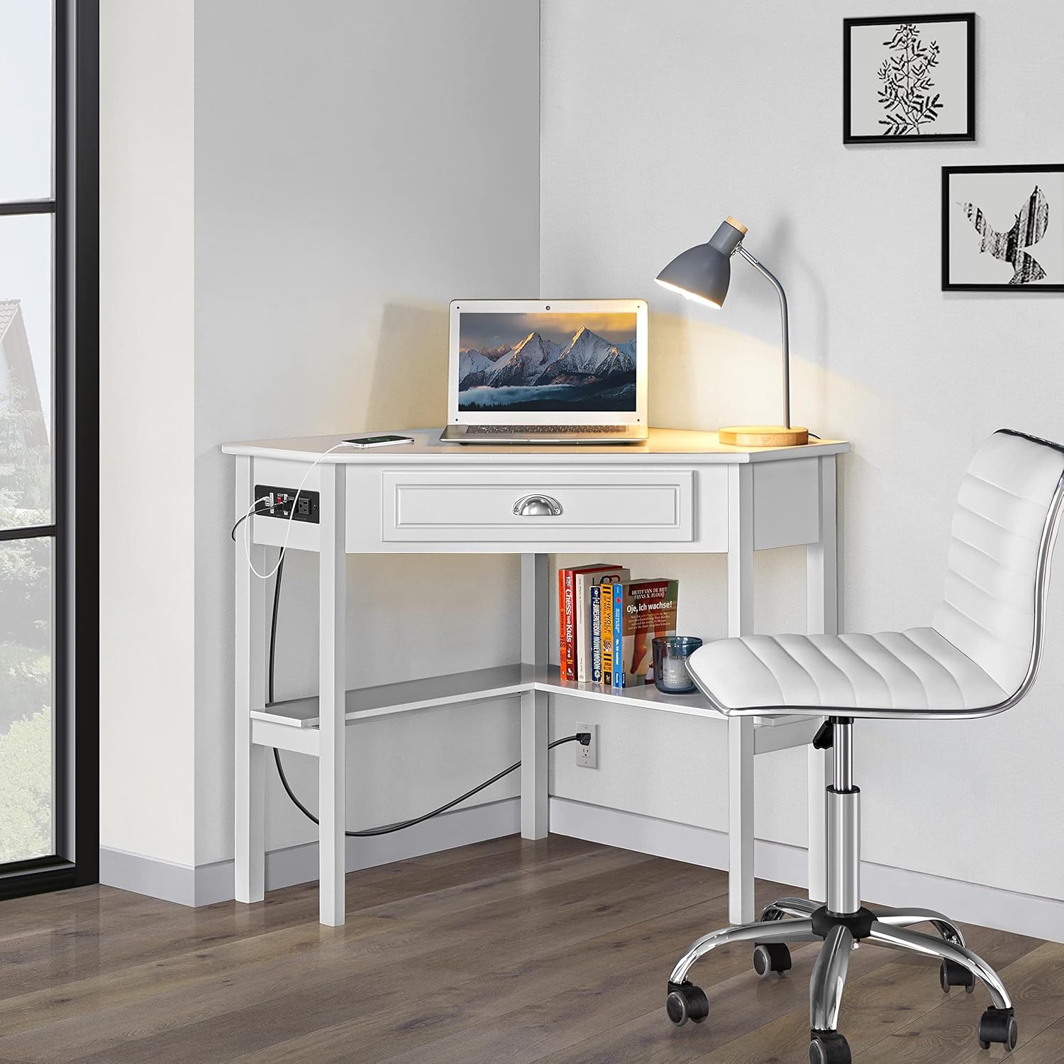 Yaheetech Home Office Furniture Set, L Shaped Computer Corner Desk with Outlets and USB Ports for Small Space, PU Leather Adjustable Chair Low Back Ribbed Armless Swivel White Desk Chair Set