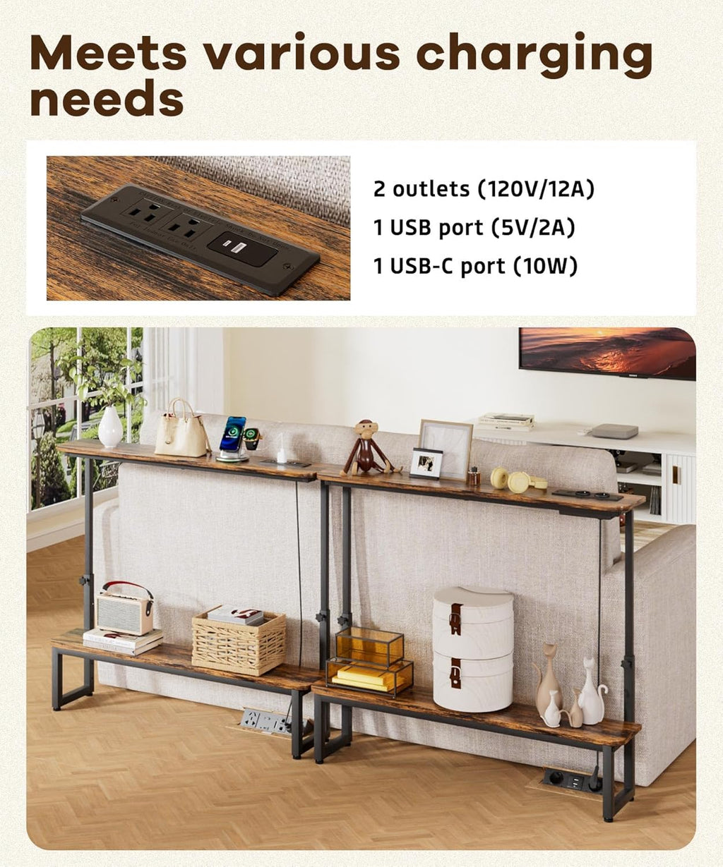 Homde 2-Tier Narrow Console Table: Industrial Design with Adjustable Height & Outlets - 39.4" Small Entryway Shelf for Living Room Hallway Behind Couch - Sofa Side Desk Display Shelf