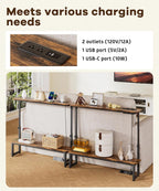 Homde 2-Tier Narrow Console Table: Industrial Design with Adjustable Height & Outlets - 39.4" Small Entryway Shelf for Living Room Hallway Behind Couch - Sofa Side Desk Display Shelf