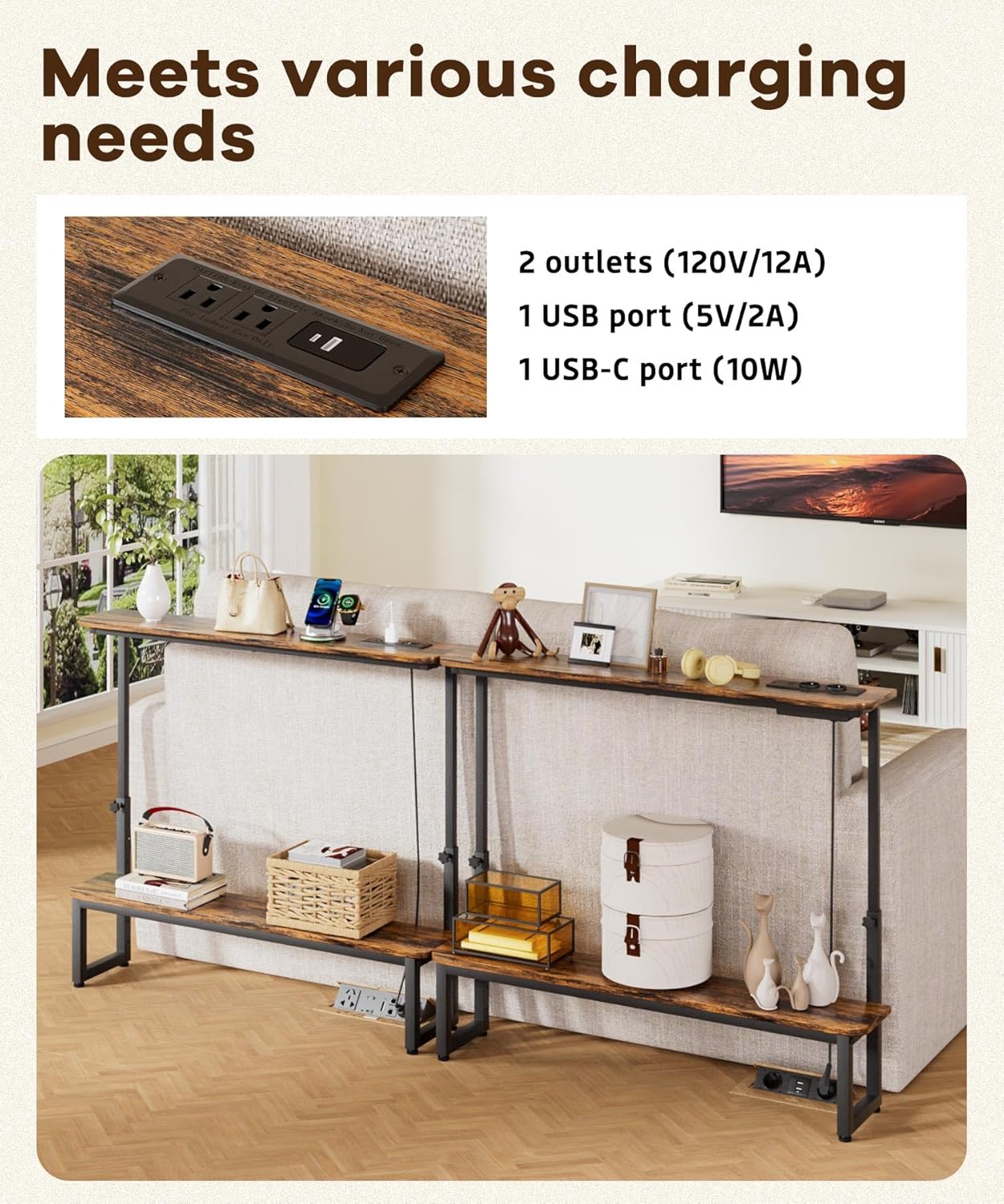 Homde 2-Tier Narrow Console Table: Industrial Design with Adjustable Height & Outlets - 39.4" Small Entryway Shelf for Living Room Hallway Behind Couch - Sofa Side Desk Display Shelf