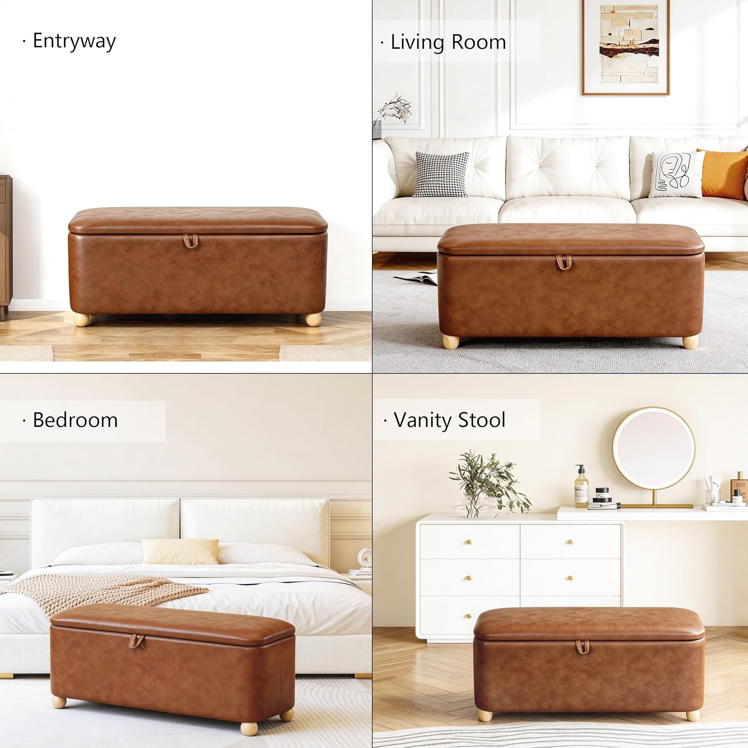 Homebeez 40 inch Storage Ottoman Bench, Faux Leather Upholstered Foot Rest Stool for Bedroom, End of Bed Bench for Living Room, Entryway (Vintage Brown)