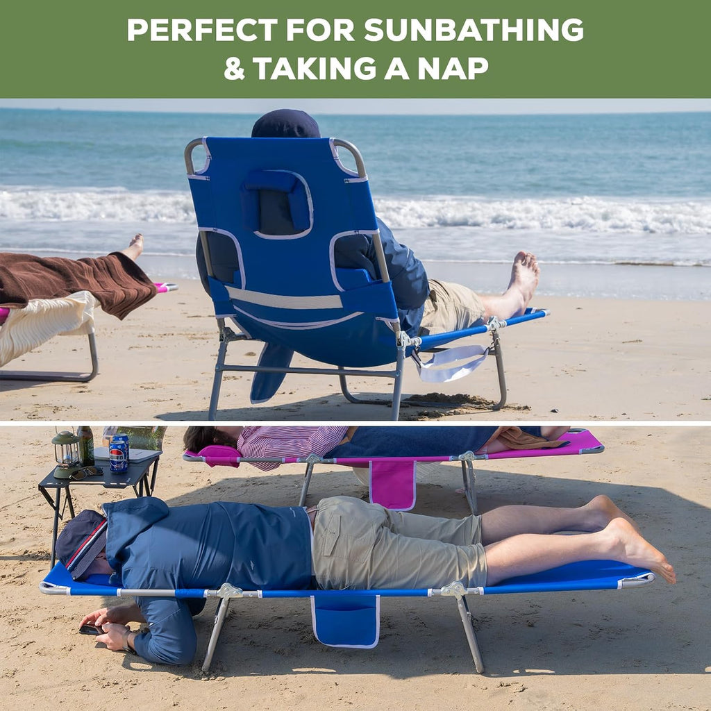 2PK Face-Down Tanning Beach Chair, Adjustable Folding Sunbathing Lounger with Arm Slots, Side Pocket, Lightweight Reclining Chair for Beach, Poolside, Lawn & Patio, Royal Blue