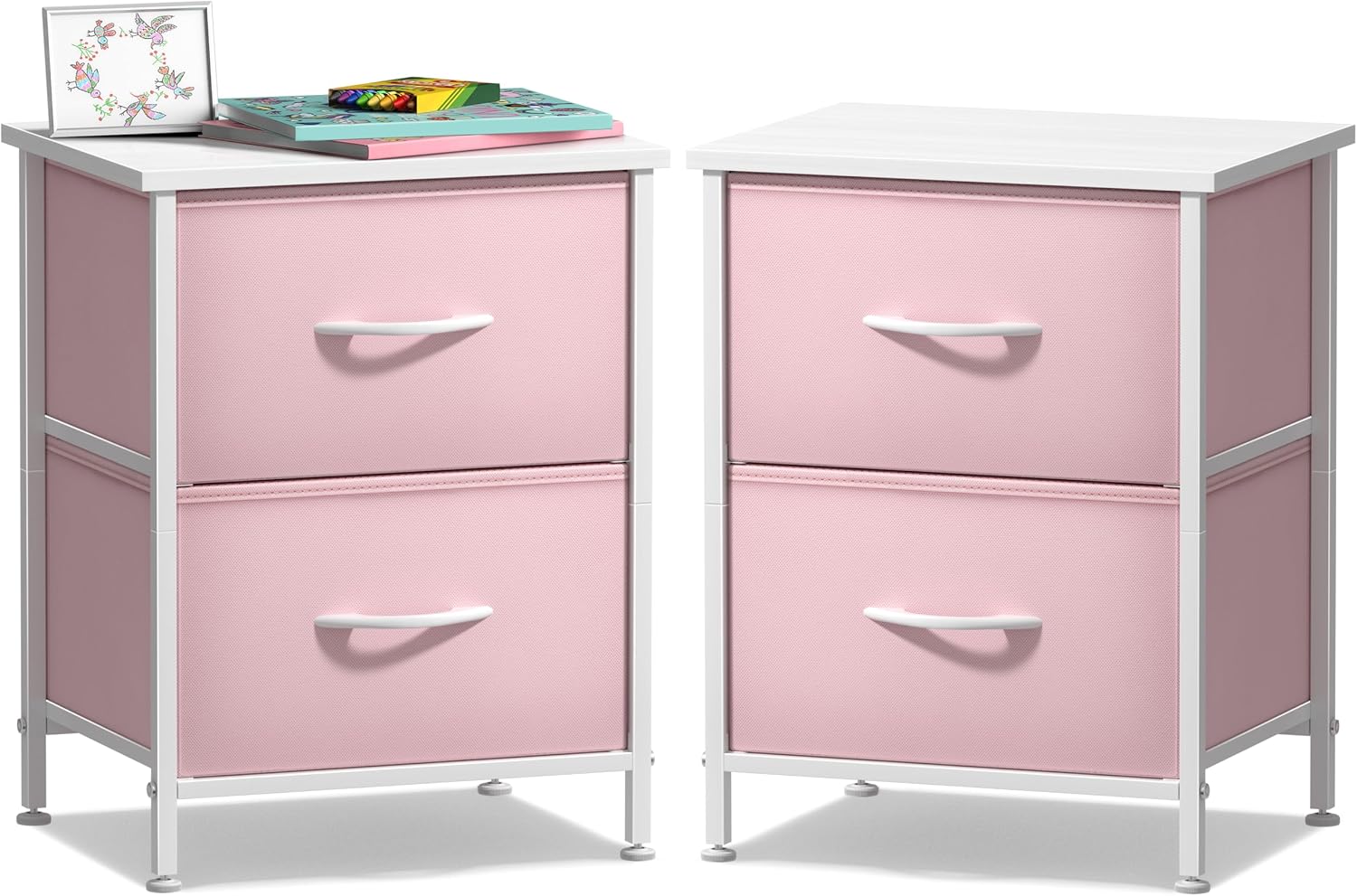 Sorbus Nightstand with 2 Drawers - Kids Bedside Furniture End Table Night Stand - Steel Frame, Wood Top & Easy Pull Fabric Bins - Dresser & Chest for Home, Bedroom Accessories, Office & Dorm (2 Pack)