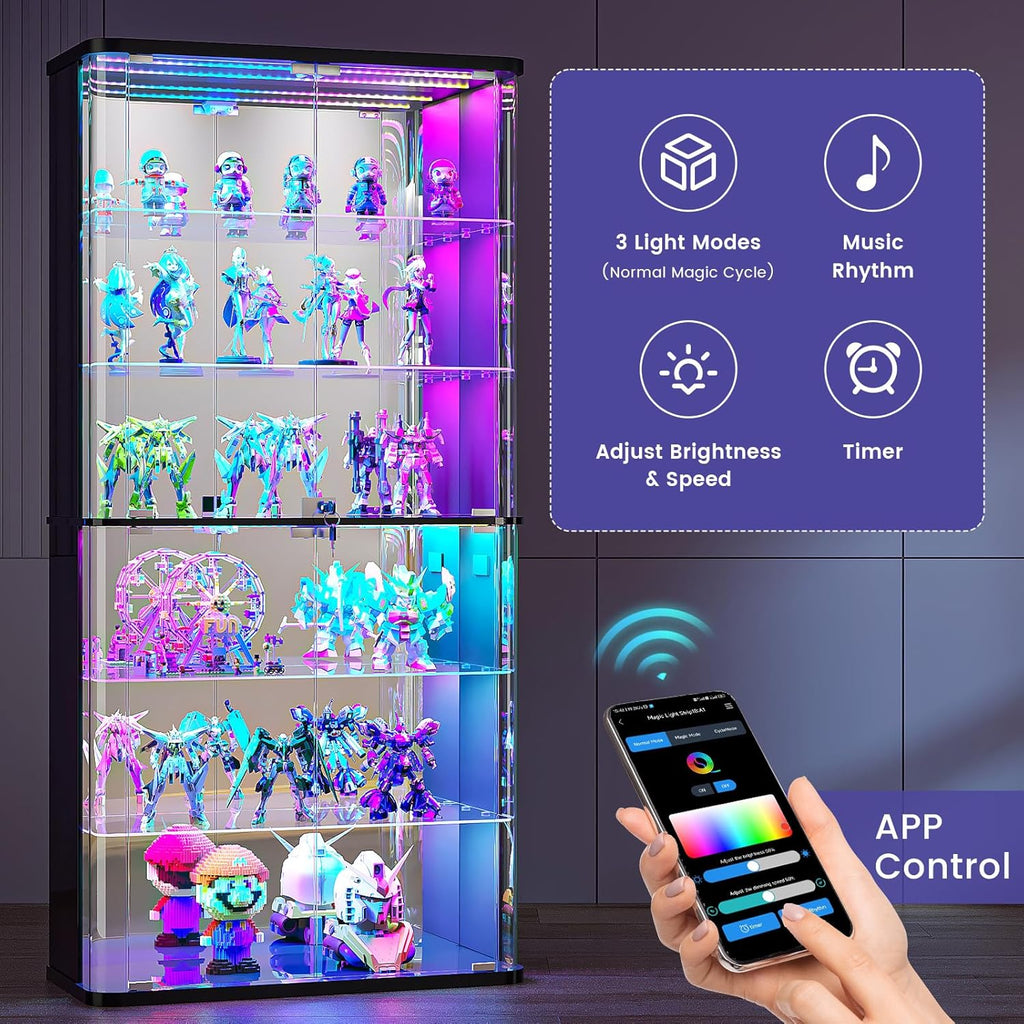 71" Tall Display Cabinet with Glass Doors, Rounded Curio Cabinet with Motion Sensor RGB Lights, 6-Tier Lockable Display Case for Collectibles & Action Figures, Trophy Case for Living Room,Black