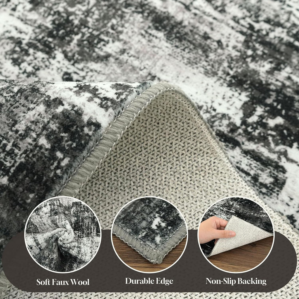 Lansny Abstract Small Area Rug 2x3 Entryway Rugs Washable Door Mat Entrance, Non Slip Kitchen Rugs, Rubber Backed Throw Rug Printed Faux Wool Floor Carpet for Front Door Foyer Entry Sink, Black Grey
