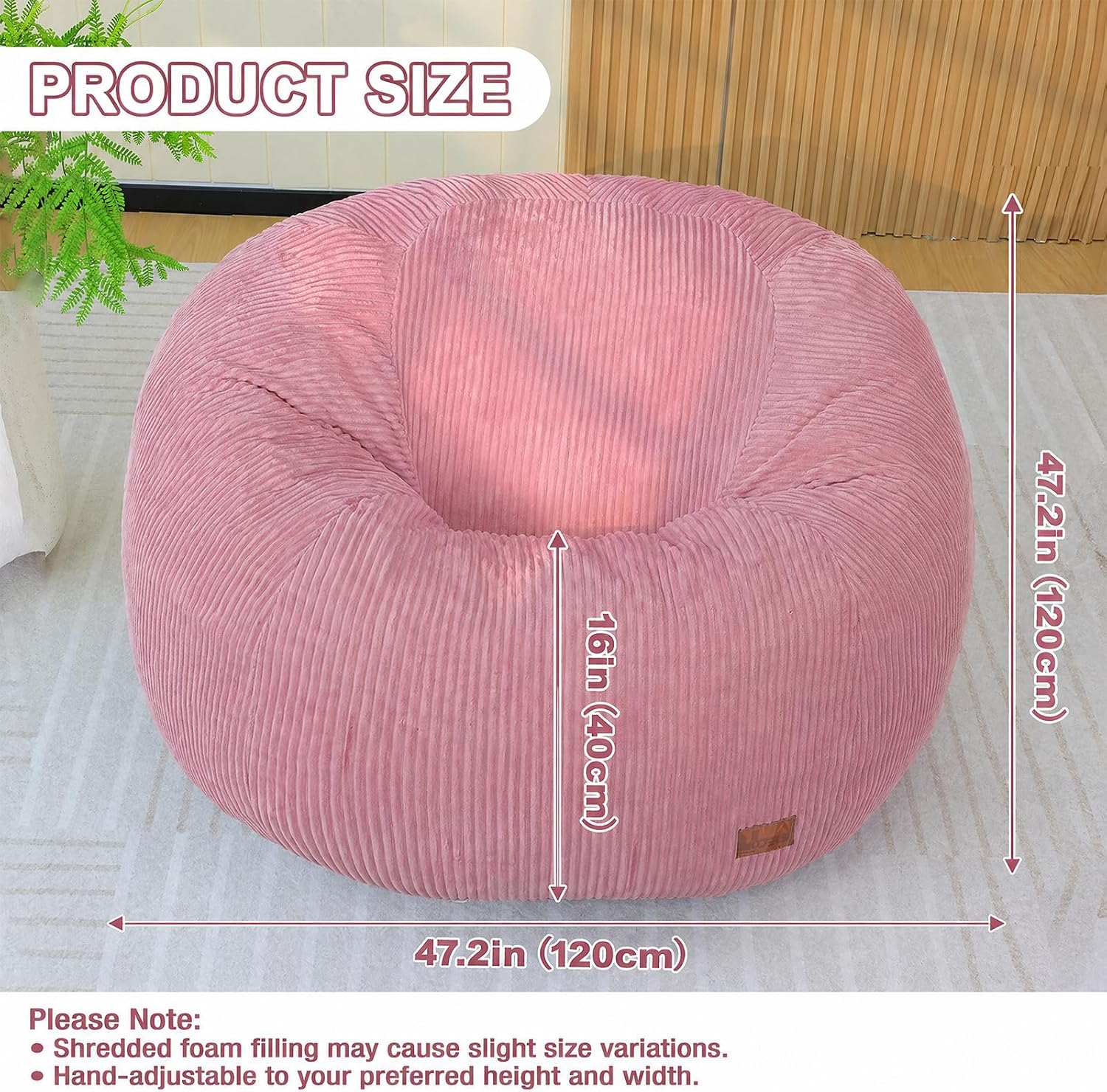 Bean Bag Chair for Adults Teens & Kids, Giant Round Bean Bag-XL | Memory Sponge Filling, Boneless Lounge Floor Sofa Chair with Handle & Non-Slip Base for Living Room Bedroom Balcony(Pink)