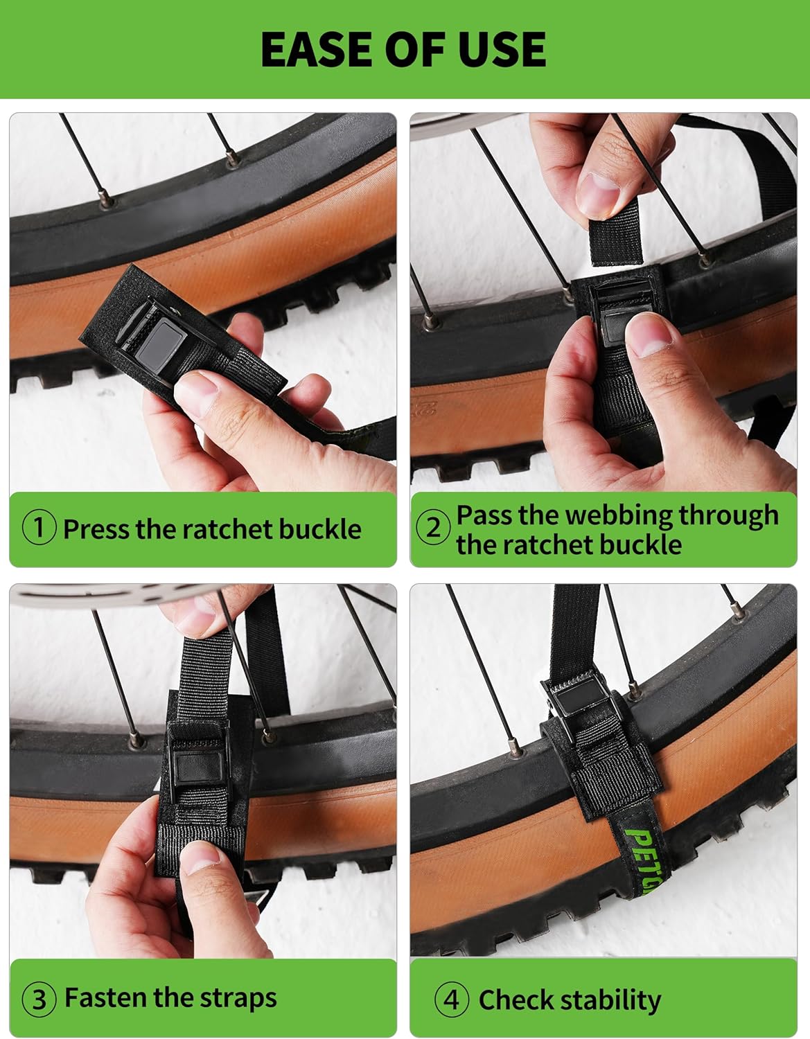EBike Rack Straps, 4 Pieces, 16 in (40 cm) Length, 0.8 mm Width, 440 lbs (200 kg) Load Capacity, Clamp Lock Lashing Straps for All Bike Racks, Roof Racks & Kayaks(Packaging May Vary)