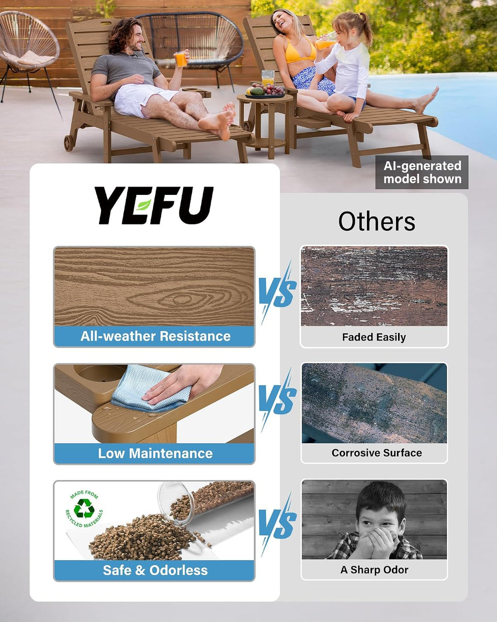 YEFU Chaise Lounge Chairs Set of 2 Outdoor,Pool Lounge Chair with Adjustable Backrest,All Weather Patio Lounge Chair with Cup Holder&Armrest,for Outside,Beach,Deck,Heavy Duty,400lbs Capacity(Teak)