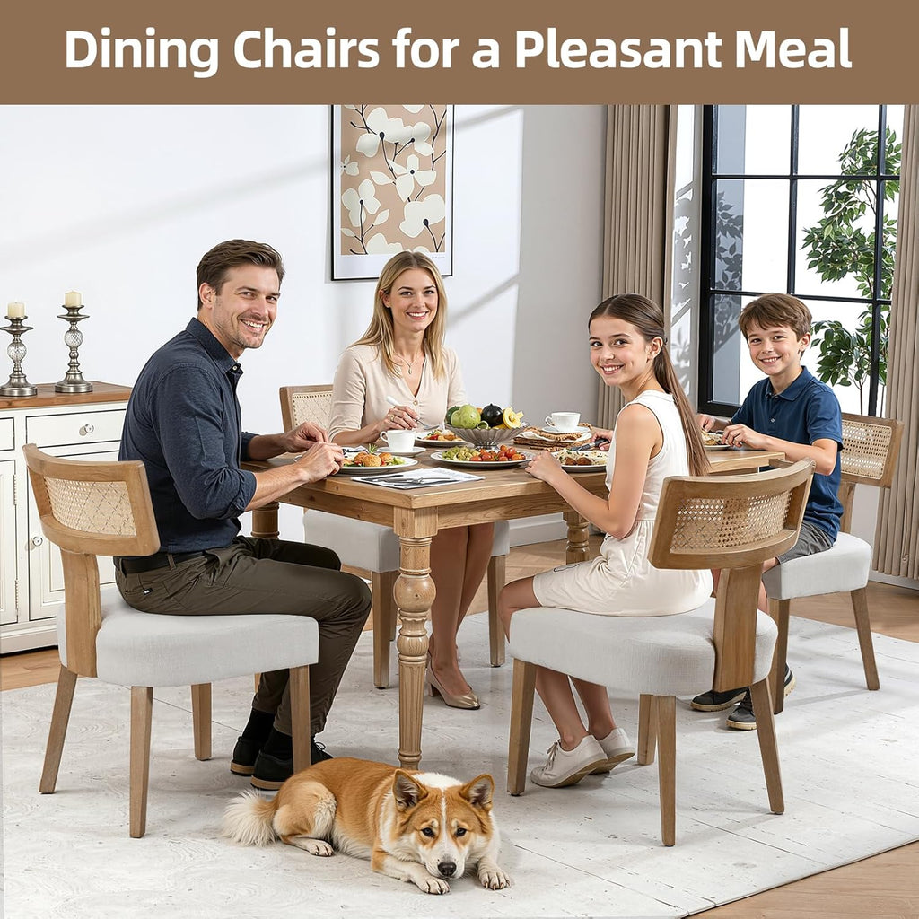 ZJhome Mid-Century Modern Rattan Dining Chairs Set of 4 – Farmhouse Linen Upholstered Accent Chairs with Curved Backrest, Solid Hardwood Frame, and Comfortable Seat for Kitchen & Dining Room – Beige