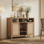 SICOTAS 51" Coffee Bar Cabinet Bar Cart with Storage, Wine Bar Cabinets Boho Home Bar Table, Rattan Sideboard Buffet with 2 Doors, Coffee Station with Wine Racks for Living Dining Room Entryway