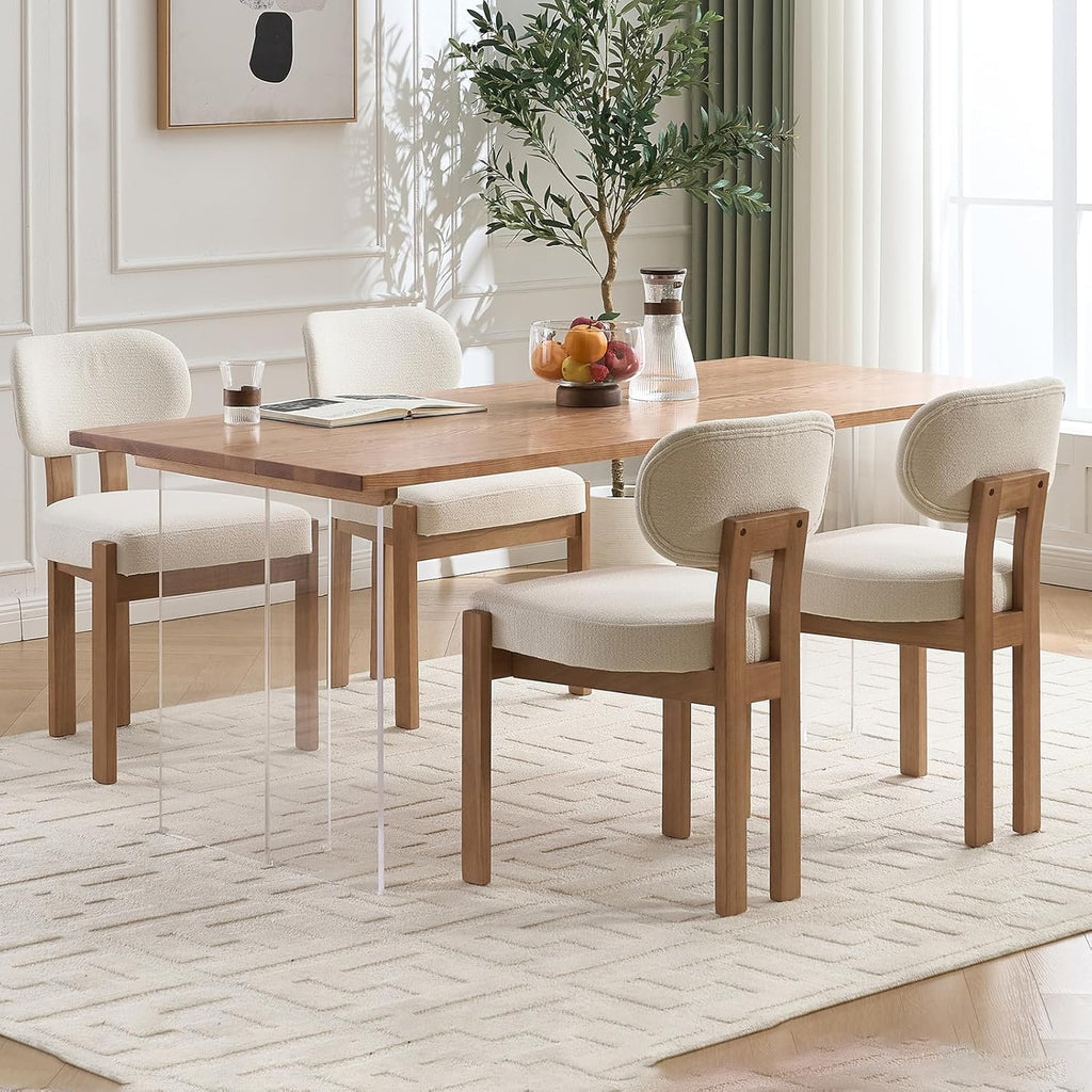 Wooden Dining Chairs Set of 4, Mid Century Modern Chenile Upholstered Dining Room Chair Kitchen Chairs with Solid Wood Legs, Farmhouse Dinner Chair for Kitchen Restaurant Living Room, Beige