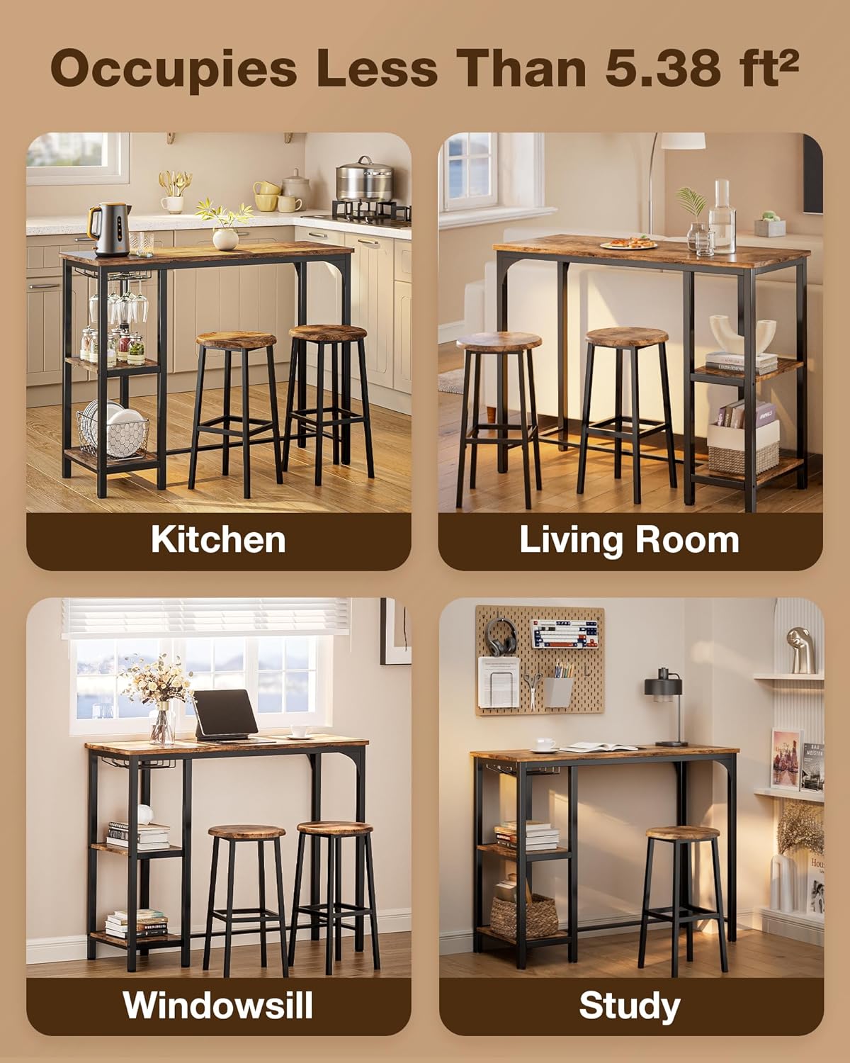 Qsun 3-Piece Bar Table Set for 2, Bar Height Table with Stools & 2 Storage Shelves, Small Bar Table Set with Glass Rack, Small Kitchen Table for Dining Room, Living Room, Rustic Brown