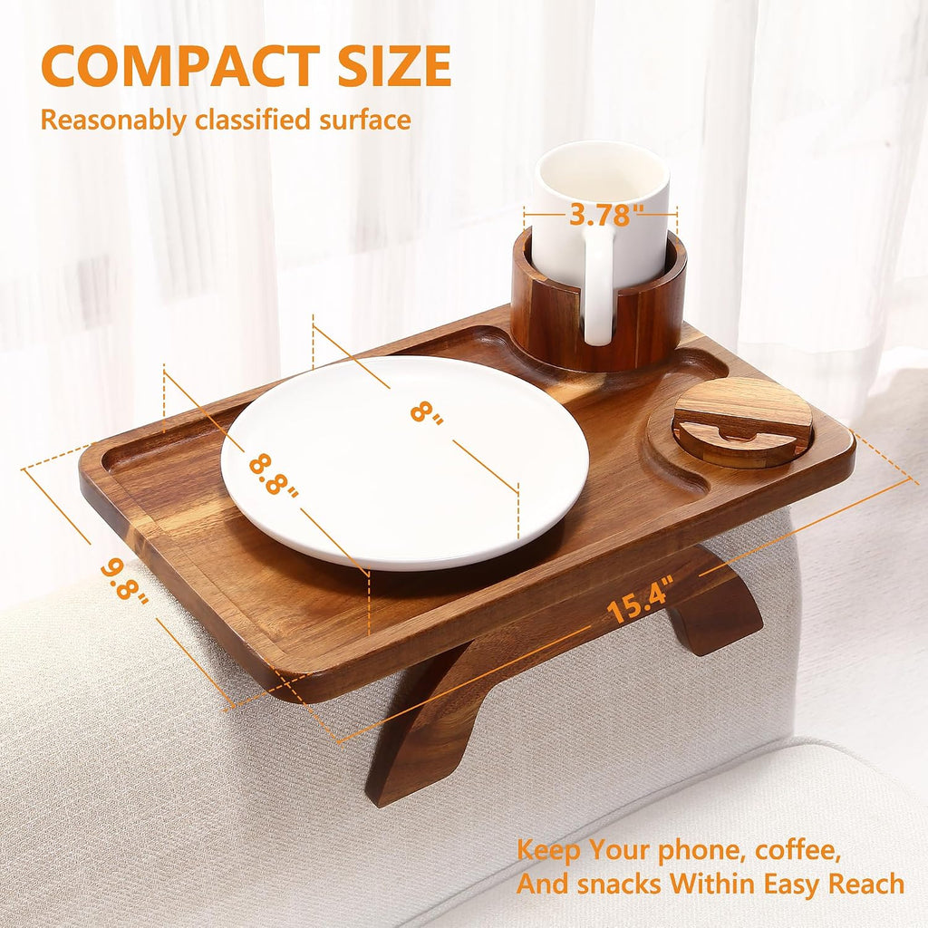 Couch Armrest Table Acacia with 360°Rotating Phone & Cup Holders,15.4" x 9.8", 3-in-1 Couch Arm Tray Clip-On Couch Tray for Drinks & Snacks