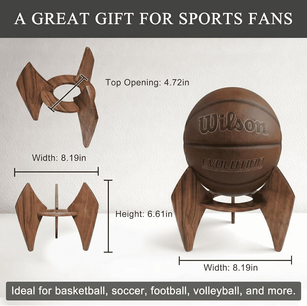 Walnut Wood Basketball Holder - Elegant Desktop Sports Ball Display Stand for Autographed Memorabilia, Drill-Free Tabletop Decor & Unique Gift for Men
