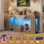 Cyclysio 63" Console Table with Outlet, Farmhouse Entryway Table with Colorful LED Lights, Wooden Sofa Table with Unique Carved Design, Foyer Accent Table for Entrance, Hallway, Living Room Natural