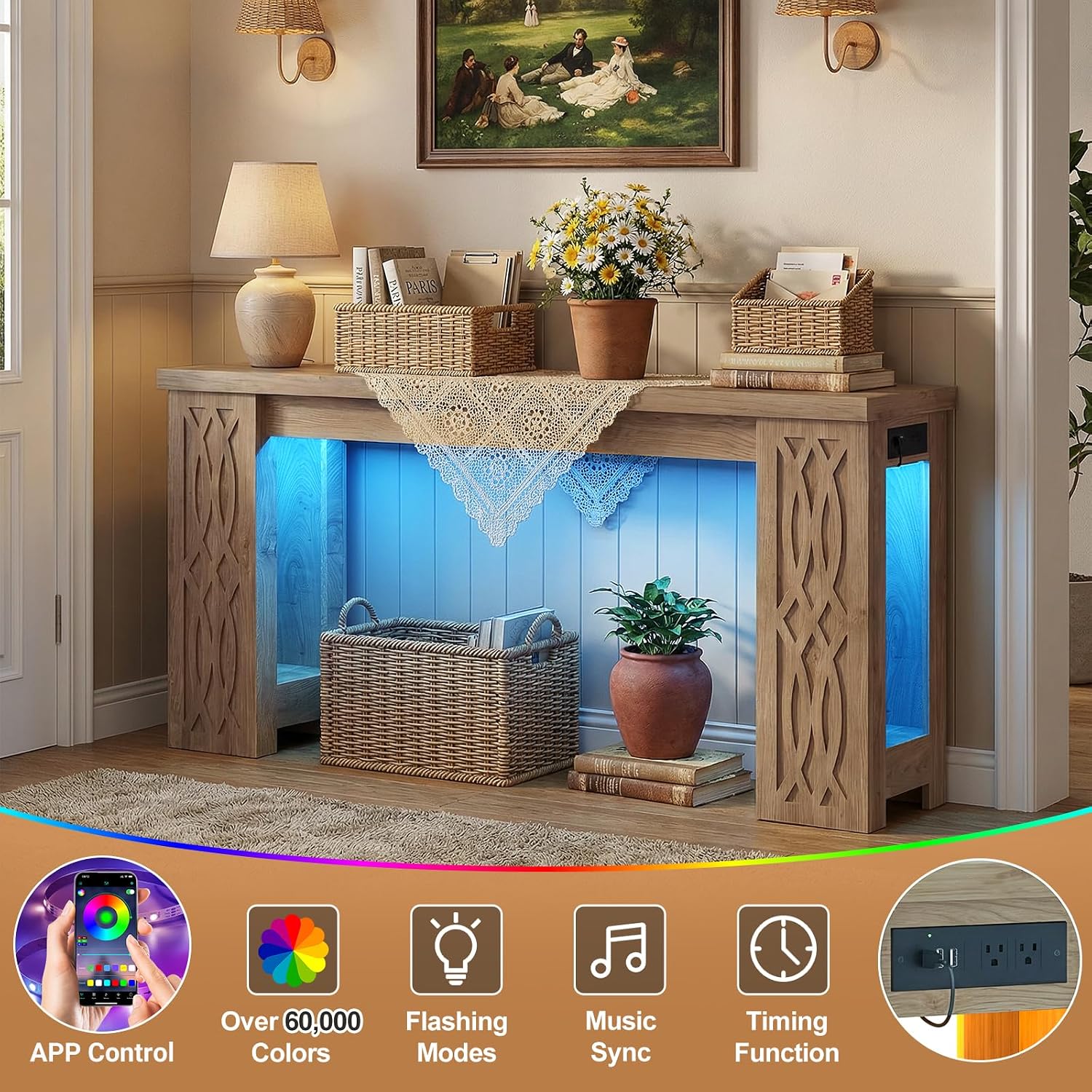 Cyclysio 63" Console Table with Outlet, Farmhouse Entryway Table with Colorful LED Lights, Wooden Sofa Table with Unique Carved Design, Foyer Accent Table for Entrance, Hallway, Living Room Natural