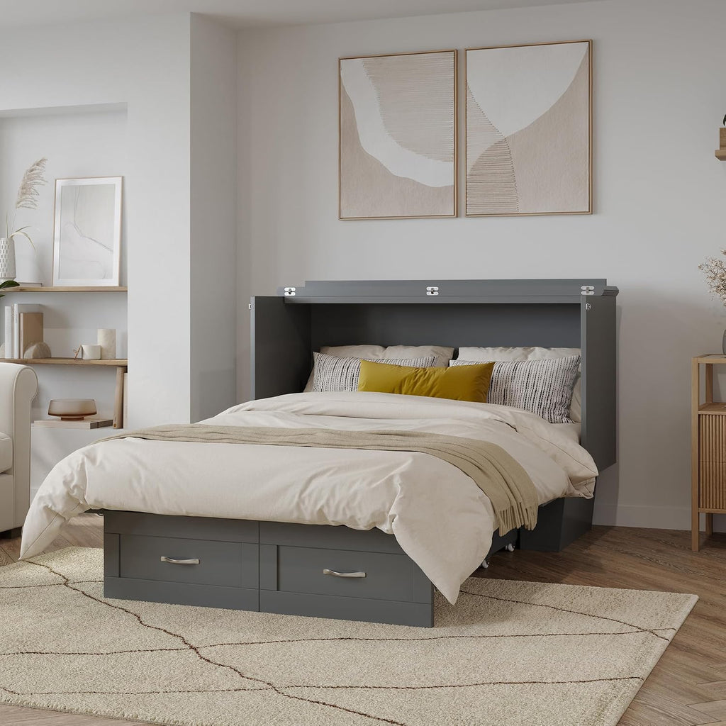 AFI, Monroe Full Murphy Bed Chest with 6" Mattress, Storage Drawer & Built-in USB Charger, Grey