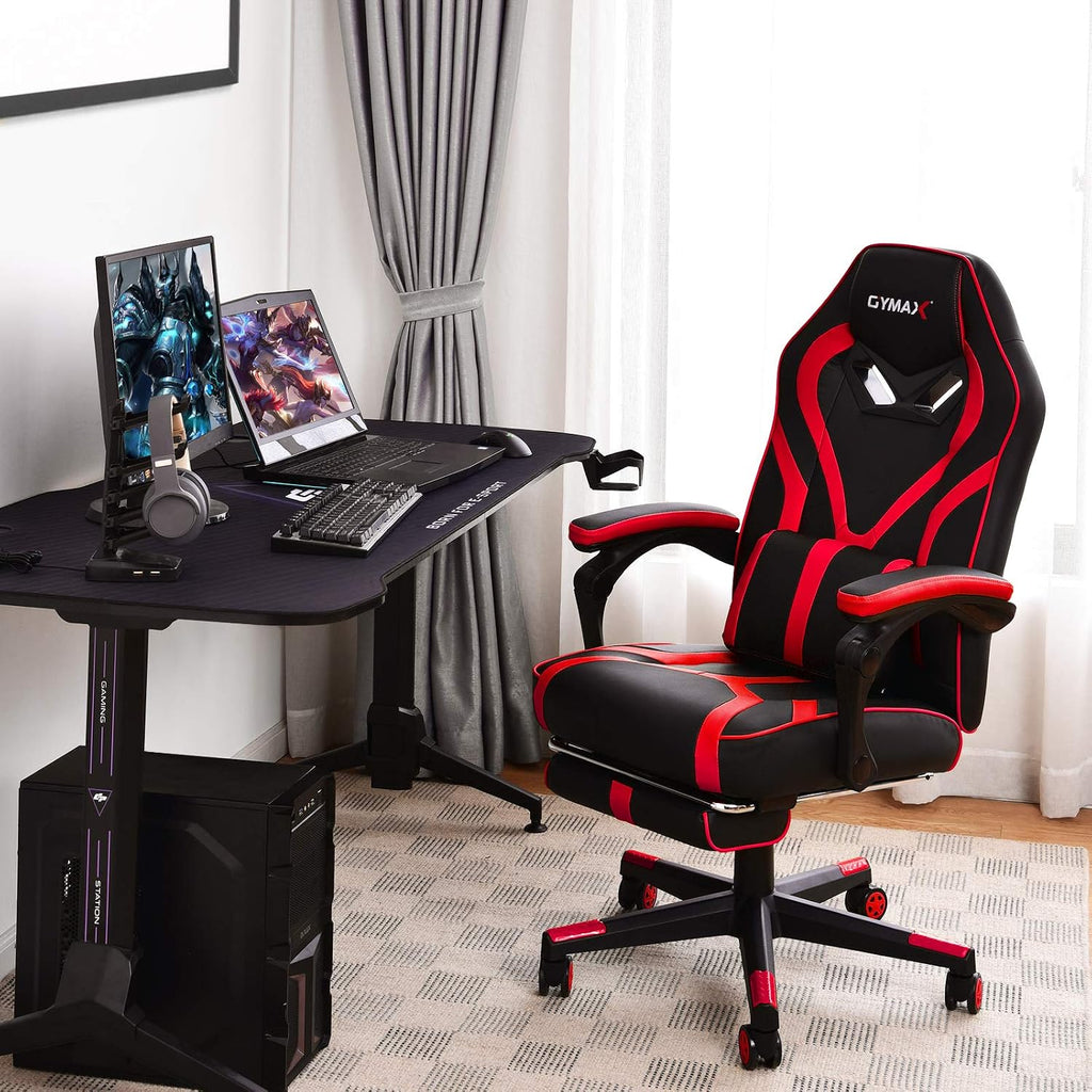 GYMAX Gaming Chair Office Chair, Adjustable Swivel Racing Style Computer Chair with Massage Lumbar Support, Headrest Armrest & Retractable Footrest, Video Gaming Chair for Home Theatre (Red)
