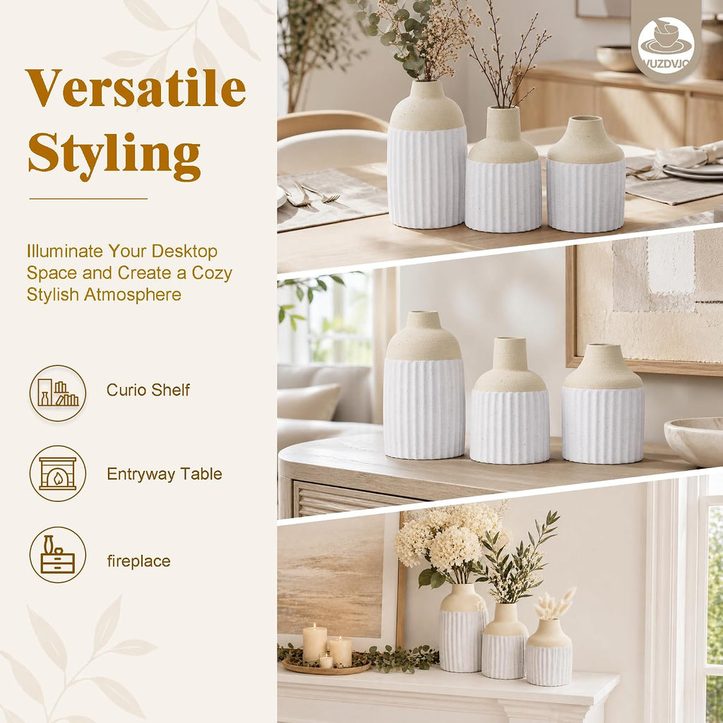 Beige Decorative Vase Set of 3 - Modern Boho Style Ribbed Ceramic Bud Vases for Flowers, Mini Small Vases for Shelf, Shelves, Bookshelf, Entryway Table & Home Decor Aesthetic (Beige White)