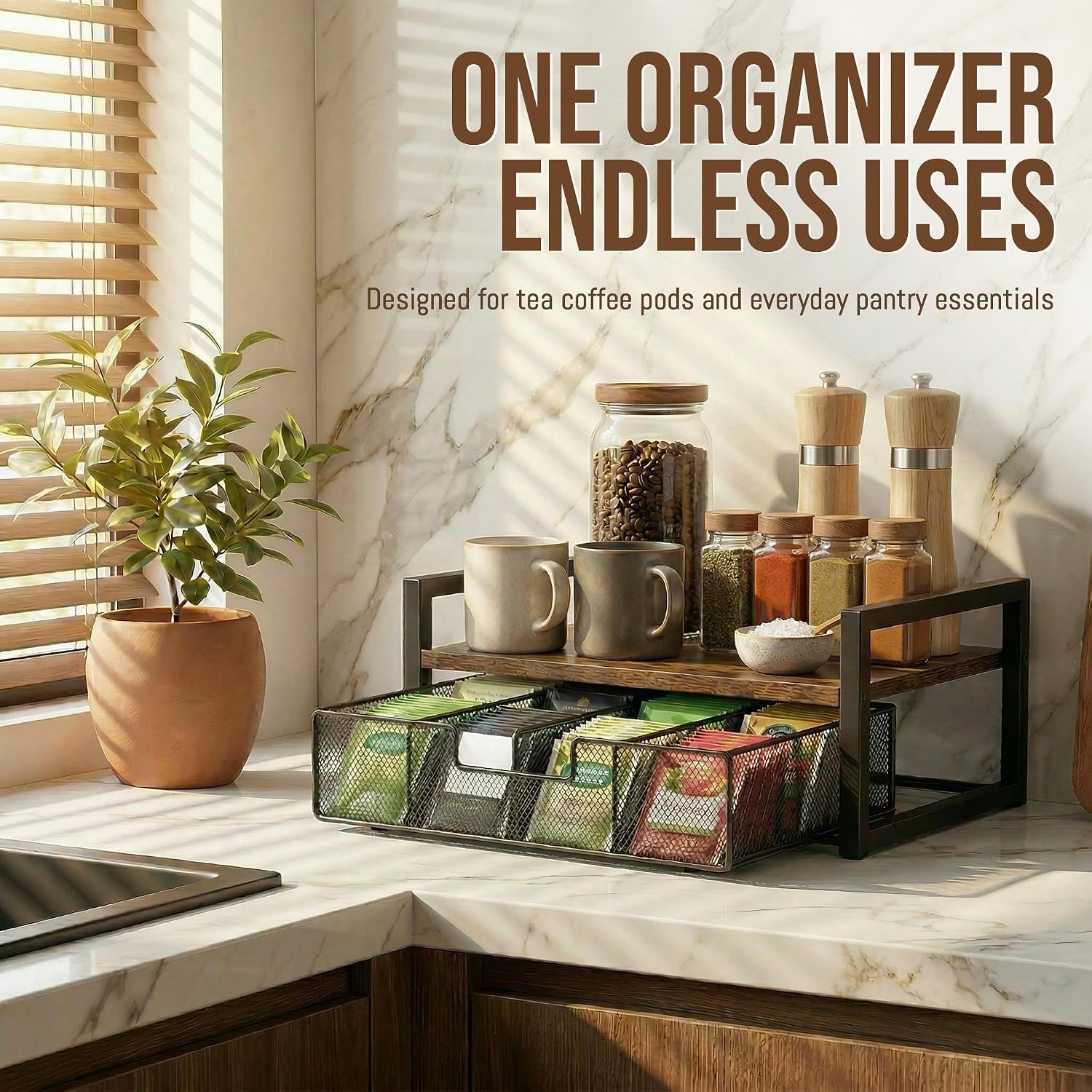 Tea Bag Organizer for Countertop, Tea Bag Storage Organizer with Drawer and Top Tray, Vintage Wood Grain Tea Organizer with Metal Frame, Tea Station Organizer for Tea Bags Coffee Sweetener Packets