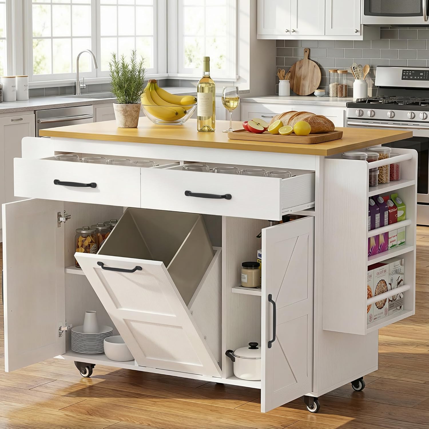 YESHOMY Kitchen Island on Wheels with Trash Cabinet, 56" Mobile Cart with Drop Leaf and Drawers, Rolling Portable Table with Spice Rack & Towel Holder for Dining Room, White & Oak