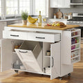 YESHOMY Kitchen Island on Wheels with Trash Cabinet, 56" Mobile Cart with Drop Leaf and Drawers, Rolling Portable Table with Spice Rack & Towel Holder for Dining Room, White & Oak