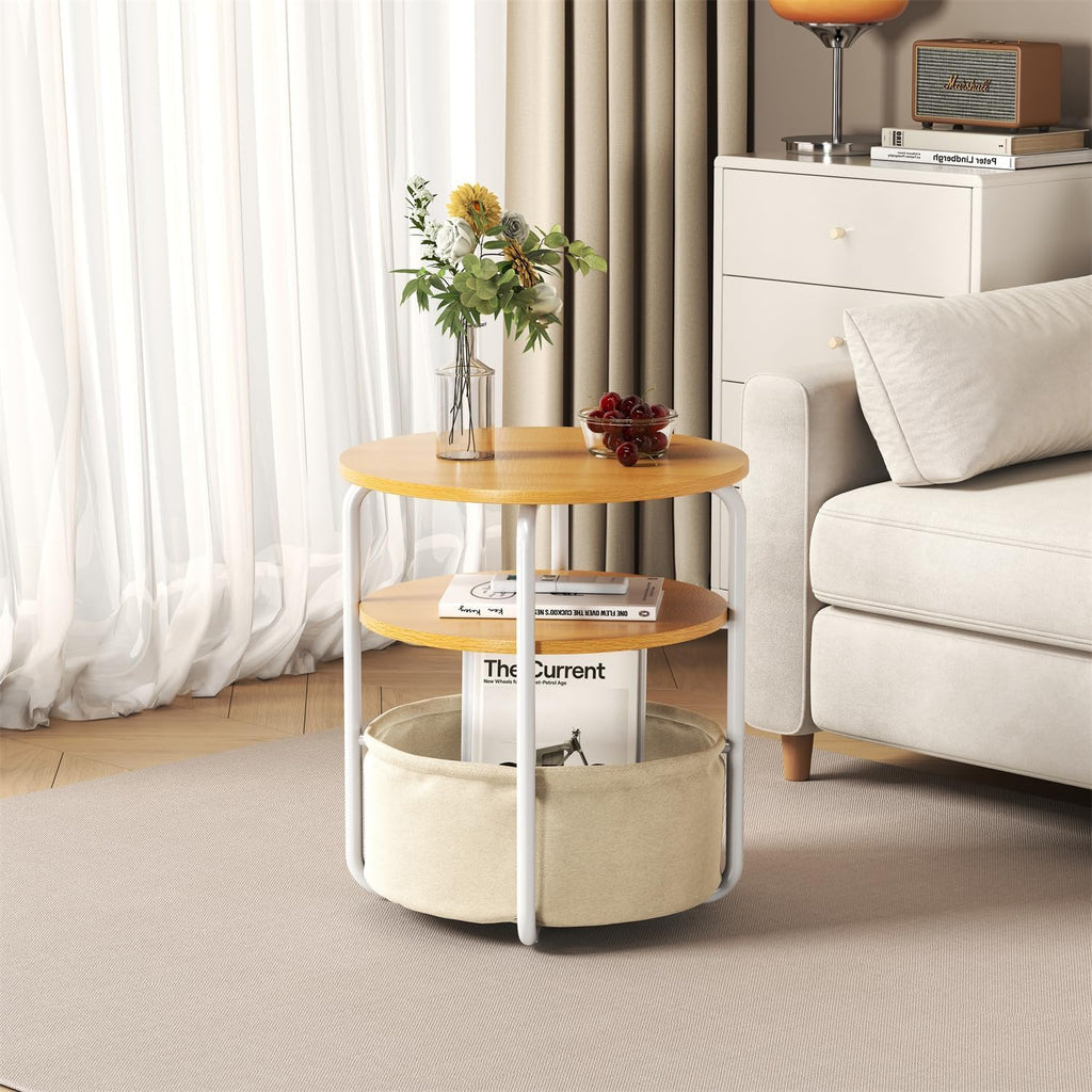 Small Round Side Table with Storage Bag, 3-Tier Accent Round End Table with Fabric Bin, 23.6" High Vintage Small Corner Table for Compact Spaces, Sofa Side Table, Nightstand for Bedroom