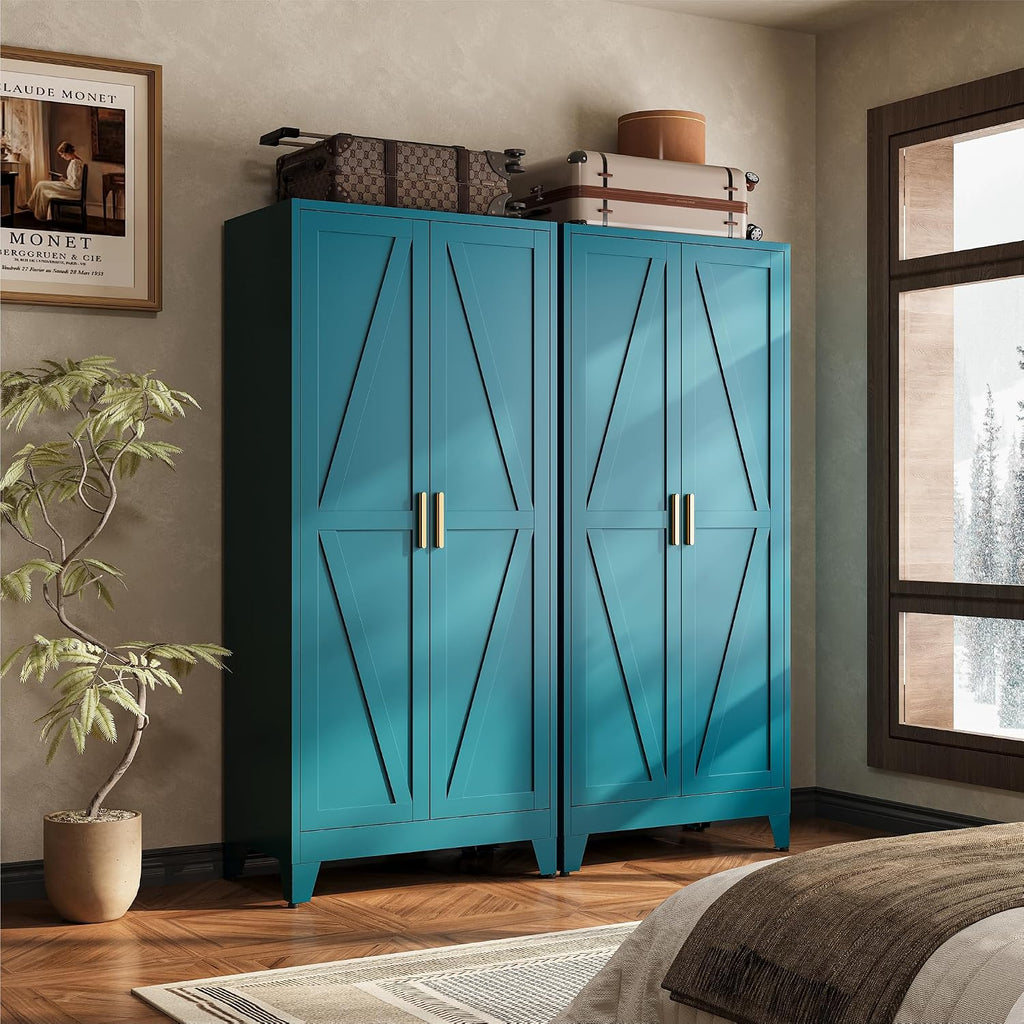 Metal Armoire Wardrobe Closet, Blue Farmhouse Storage Cabinet with Adjustable Shelves and Hanging Rod, 2 Doors Steel Wardrobe Cabinet Storage Clothes Closet foe Bedroom office School Dormitorio Gym