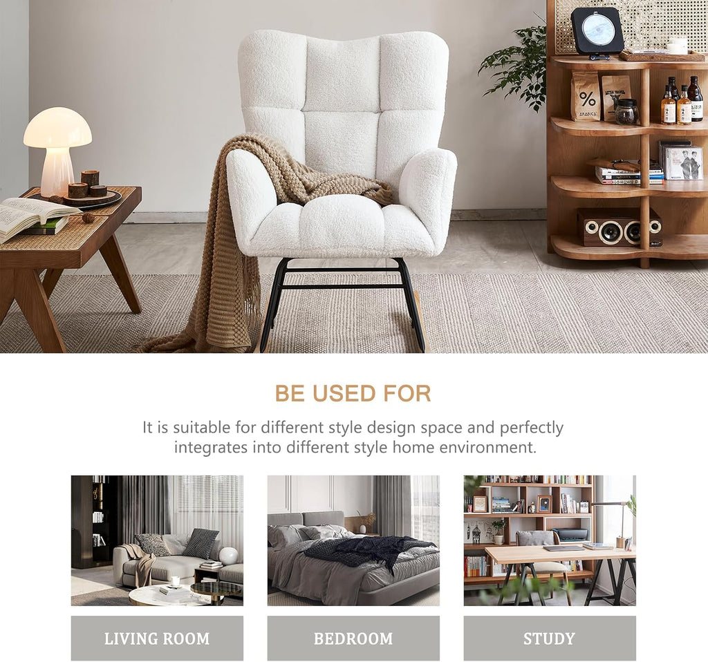 Rocking Chair Nursery, High Backrest Teddy Glider Rocker Upholstered Rocker Recliner Modern Rocking Accent Chairs for Bedroom, Living Room, Offices (Ivory)